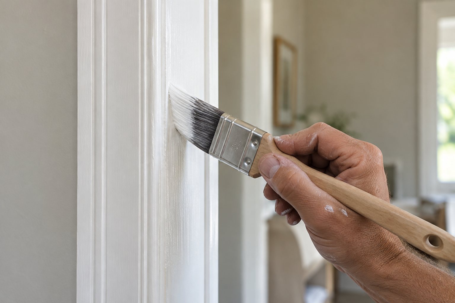 A brush cutting a clean line along a white door frame